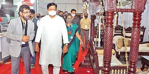 Housing and Urban Development Minister Pratap Jena at India International Mega Trade Fair on Saturday. (Photo | Irfana, EPS)