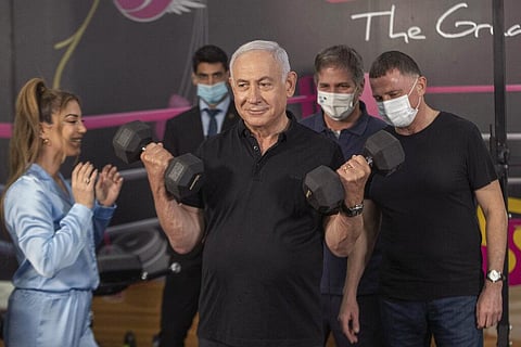 Israeli Prime Minister Benjamin Netanyahu and Health Minister Yuli Edelstein visits Fitness gym ahead of the re-opening of the branch in Petah Tikva, Israel. (Photo | AP)