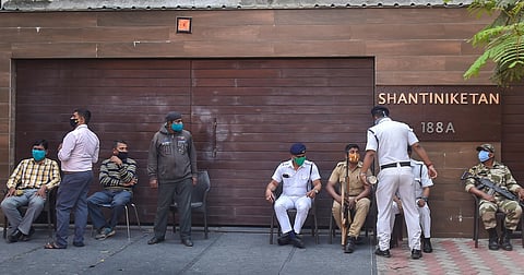 Cops deployed outside TMC MP Abhisekh Banerjee's residence after a CBI team reached his house in connection with an investigation into an alleged coal smuggling case, in Kolkata, Sunday. (Photo | PTI)