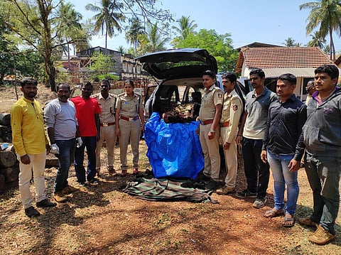 Bhatkal forest staff with the seized gaur meat (Photo | Special arrangement)