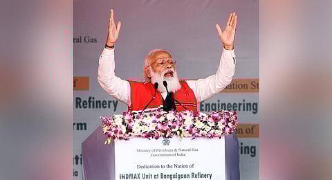 PM Narendra Modi addresses at the inauguration of the important Oil & Gas projects and Engineering Colleges, in Dhemaji, Monday. (Photo | PTI)