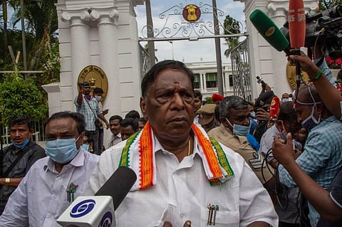 Puducherry Chief Minister V.Narayansamy after tendering his resignation to the Lt Governor at Puducherry on on Monday. (Photo | G Pttabi Raman/EPS)
