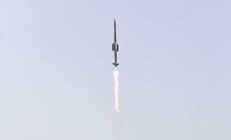 Vertically Launched Short Range Surface to Air Missile (VL-SRSAM) being test fired from ITR off Odisha coast on Monday.