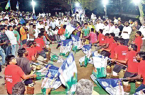 YSRC activists celebrate the victory of party-backed candidates in the fourth phase of panchayat elections, at the party central office in Tadepalli on Sunday. (Photo | EPS)