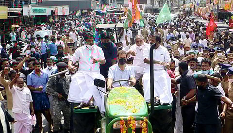 Congress leader Rahul Gandhi leads a tractor rally in solidarity with farmers protest at Muttil in Wayanad. (Photo| EPS/ TP Sooraj)