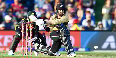 New Zealand's Devon Conway plays a step shot during the first T20 cricket international between Australia and New Zealand. (Photo | AP)