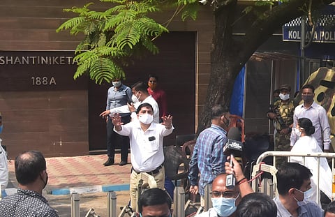 Security personnel outside Abhishek Banerjee's house in Kolkata. (Photo| PTI)