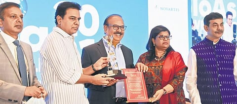 IT Minister KT Rama Rao presents the Genome Valley excellence award to Krishna and Suchitra Ella of Bharat Biotech at the inauguration of BioAsia 2021 in Hyderabad on Monday. | RVK Rao
