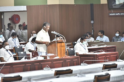 Tamil Nadu Dy Chief Minister O Panneerselvam presents interim budget 2021-2022 in the assembly on Tuesday. (Photo | P Jawahar)