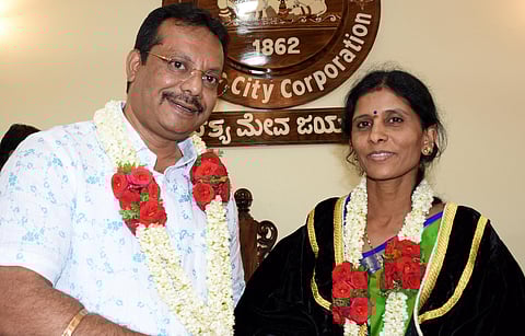 Newly elected Mayor Rukmini Made Gowda of JD(S) and Deputy Mayor Anwar Baig of Congress in Mysuru on Wednesday (Express Photo | Udayshankar S)
