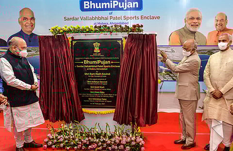 President Ram Nath Kovind and Union Home Minister Amit Shah during the 'Bhumi Pujan' of Sardar Vallabhbhai Patel Sports Enclave at Motera Stadium in Ahmedabad. (Photo | PTI)