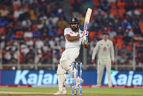 India's Rohit Sharma plays a shot on the first day. (Photo | PTI)