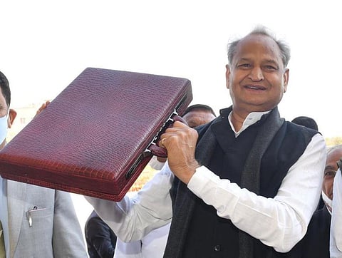 Chief Minister Ashok Gehlot poses before the budget presentation in Jaipur on Wednesday (Photo | Twitter/ @ashokgehlot51)