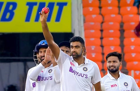 Indian bowler R Ashwin reacts on completing 400 test wickets on the second day. (Photo | PTI)