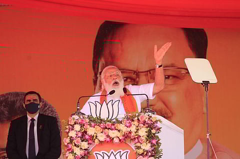 Prime minister Narendra Modi speaks during a BJP public meeting at Puducherry. (Photo | G Pattabiraman, EPS)