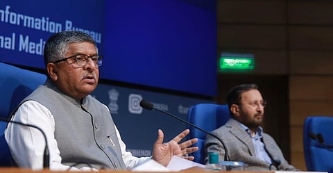 Union Minister for Electronics & Information Technology Ravi Shankar Prasad and I&B Minister   Prakash Javadekar address a press conference . (Photo | Shekhar Yadav, EPS)