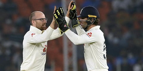 England's Jack Leach celebrates the dismissal of India's Virat Kohli. (Photo | ANI)