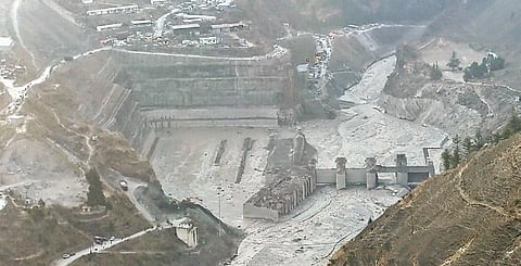 Aerial view shows washed away Tapovan hydel power project plant after glacier burst, in Chamoli district of Uttarakhand | PTI