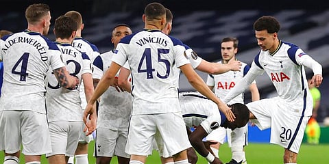 Tottenham's Dele Alli celebrates with teammates after scoring second goal during the Europa League round of 32 second leg match against Wolfsberger AC. (Photo | AP)