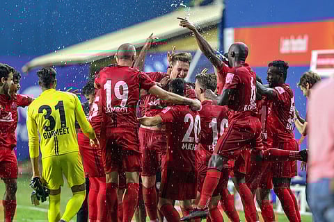NorthEast United FC players celebrate after Indian Super League match between NorthEast United FC and Kerala Blasters FC. (Photo | PTI)