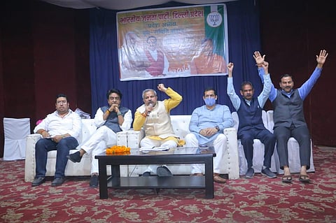 State BJP chief Adesh Kumar Gupta meeting booth-level workers on Thursday.