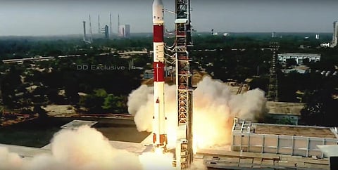PSLV-C51 launched Amazonia-1, an optical earth observation satellite, and 18 other satellites on Sunday at 10:24 am. (Photo | Twitter/@ISRO)