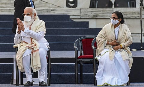 Prime Minister Narendra Modi with West Bengal Chief Minister Mamata Banerjee releases a book during 125th birth anniversary of Netaji Subash Chandra Bose at Victoria Memorial. (File Photo | PTI)