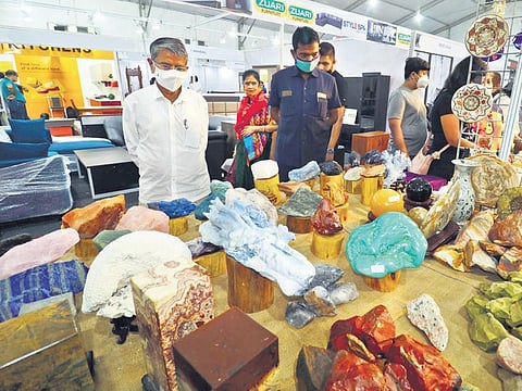 Former Minister Badri Narayan Patra visiting stalls at the India International Mega Trade Fair at Janata Madian. (Photo | Express)