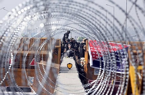 Security personnel keep vigil at Ghazipur border during the ongoing farmers agitation. (Photo | Parveen Negi/EPS)