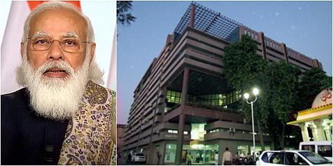 PM Narendra Modi (L) and Ahmedabad Municipal Corporation headquarters. (File photo| ANI)