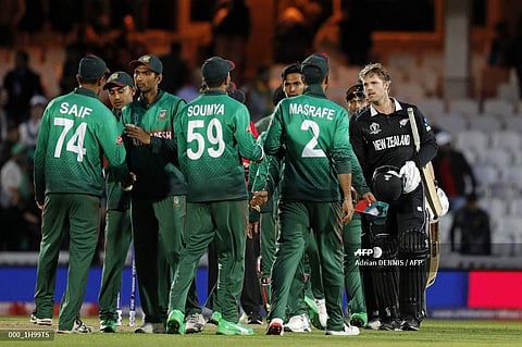 New Zealand and Bangladesh cricket players shake hands after a match . (File Photo | AFP)
