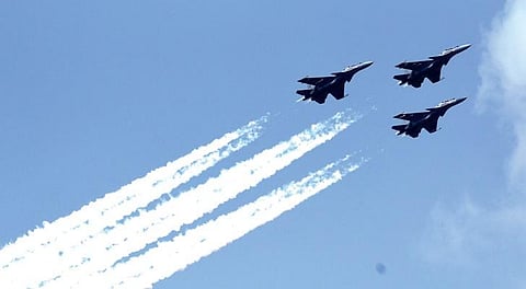 Sukhoi 30 MKIs show their might on Day 1 of Aero India 2021 at Yelahanka Air Force Station in Bengaluru on Wednesday;