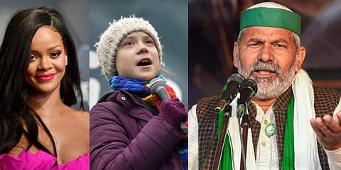 (From left) Rihanna, Greta Thunberg and farmer leader Rakesh Tikait. (File photo| AFP and PTI)