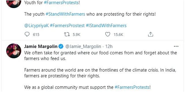 'We often take for granted where our food comes from and forget about the farmers who feed us,' she wrote in support of the farmers' movement.