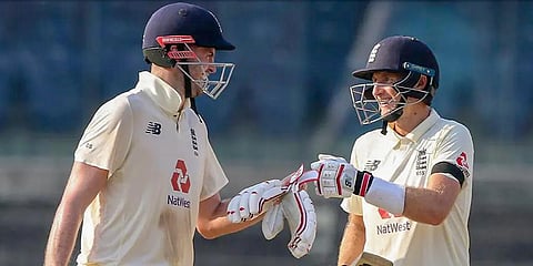 Joe Root (R) and Dom Sibley waited for the Indian spinners to toss up the ball before they took the plunge. (Photo | PTI)