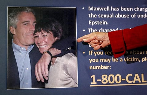 In this July 2, 2020, file photo, Audrey Strauss, acting U.S. attorney for the Southern District of New York, points to a photo of Jeffrey Epstein and Ghislaine Maxwell during a news conference. | AP