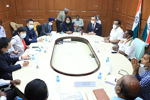 Chief Minister V Narayanasamy along with officials holding discussions with Taiwanese delegation at his office. (Photo| EPS)