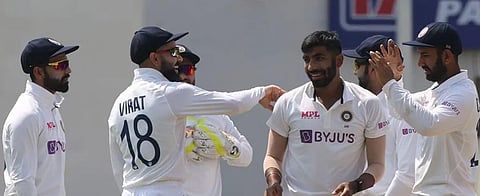 Ace India pacer Jasprit Bumrah on Friday scalped his first Test wicket on the Indian soil when he got the wicket of Dominic Sibley. (Photo | BCCI)