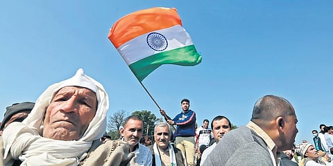 Farmers attend Kisan Mahapanchayat against the new farm legislations at Shamli in Uttar Pradesh. (Photo | Shekhar Yadav, EPS)