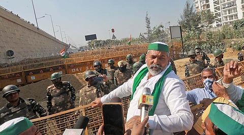 Bharatiya Kisan Union leader Rakesh Tikait during the proposed 'chakka jam' by farmers at Ghazipur border. (Photo | Shekhar Yadav, EPS)