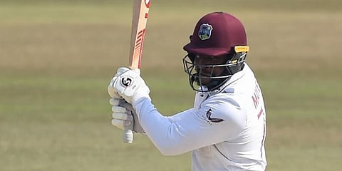 West Indies' Kyle Mayers plays a shot during the third day of the first cricket Test match against Bangladesh at the Zohur Ahmed Chowdhury Stadium in Chittagong. (Photo | AFP)