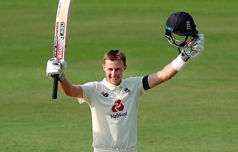 England player Joe Root celebrates after scoring 150 runs during the 2nd day of first cricket test match between India and England. (Photo | PTI)