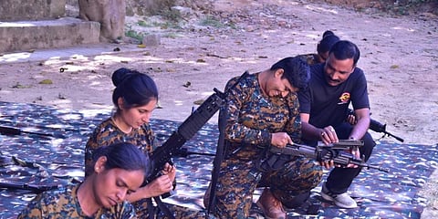 Seventeen young women, mostly from villages across Karnataka, are training to shoot, handle explosives, rappel, rope walk, handle terror, as they build grit and endurance, for 12 hours a day. (Photo | EPS)