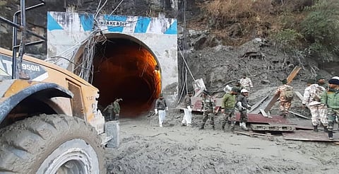 NDRF and others during rescue operations for the people who are stranded in the tunnel near the Tapovan Dam in Chamoli. (Photo | Shekhar Yadav/EPS)