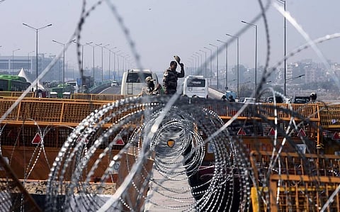 Layers of security barricades at Delhi-UP Ghazipur border during farmers protest over Centres farm reform laws in New Delhi Sunday Feb. 7 2021. (Photo | Parveen Negi/EPS)