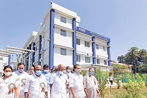 Electricity Minister M M Mani after the inauguration of 220 kV GIS in Kaloor on Monday. MLAs P T Thomas and  T J Vinod are also seen/Pics| A Sanesh