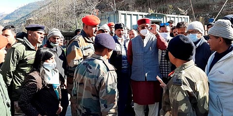 Uttarakhand CM Trivendra Singh Rawat inspects flood hit areas in Joshimath after a glacier broke off in Uttarakhand's Chamoli causing a massive flood in the Dhauli Ganga river. (Photo | PTI)