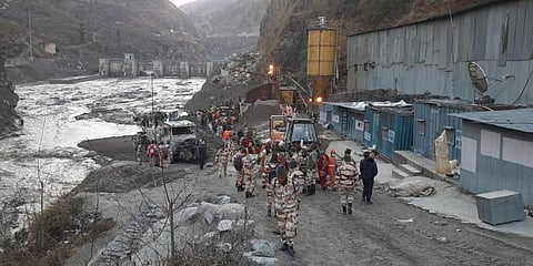 NDRF and others during the rescue operations at the tunnel near the Tapovan Dam in Chamoli. (Photo | Shekhar Yadav, EPS)