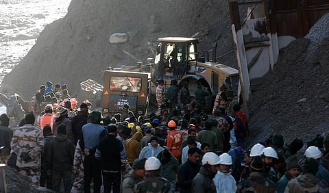 Rescue operations underway near Tapovan Tunnel in Chamoli. (Photo | Shekhar Yadav, EPS)