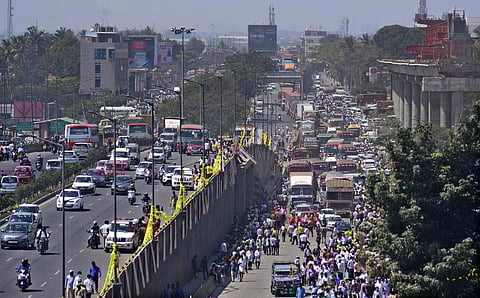 Traffic was thrown out of gear near Madawara on the outskirts of Bengaluru due to the Kuruba convention on Sunday. Vehicles had piled up till Nelamangala. (Photo | Ashishkrishna HP, EPS )